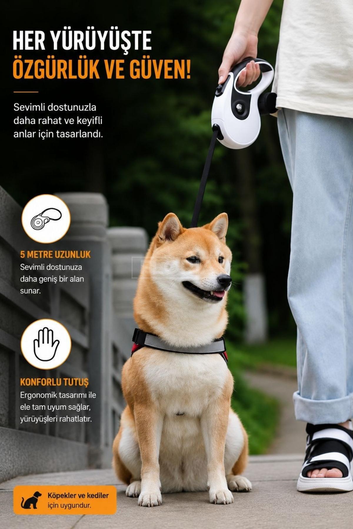 5 Metre Otomatik Köpek Tasması Güçlü Fren Sistemli Ergonomik Kaymaz Saplı Dayanıklı Gezdirme Tasması küçük resim 3