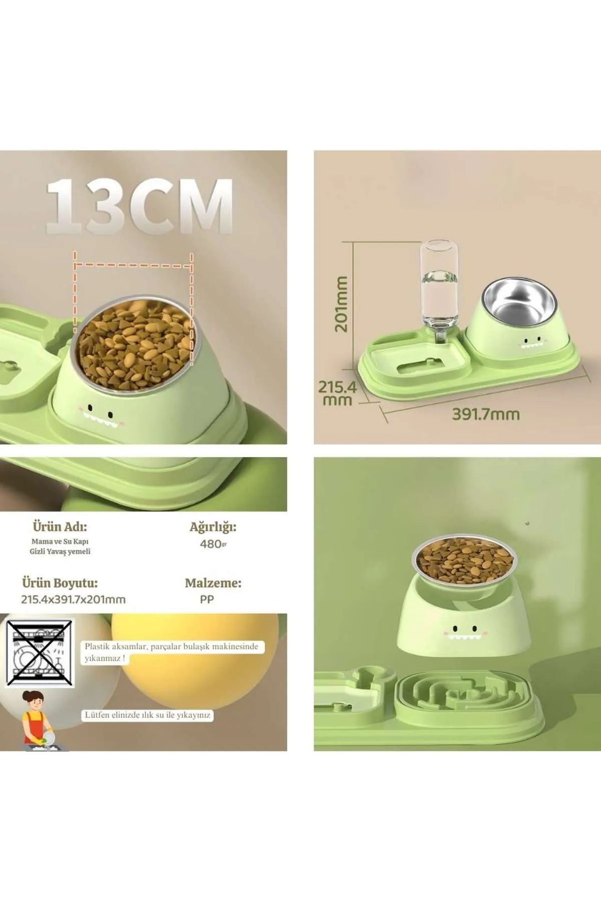 3’ü 1 Arada Kedi-Köpek Mama ve Su Kabı – Su Sebil + Yavaş Besleme + Çelik Kase küçük resim 3