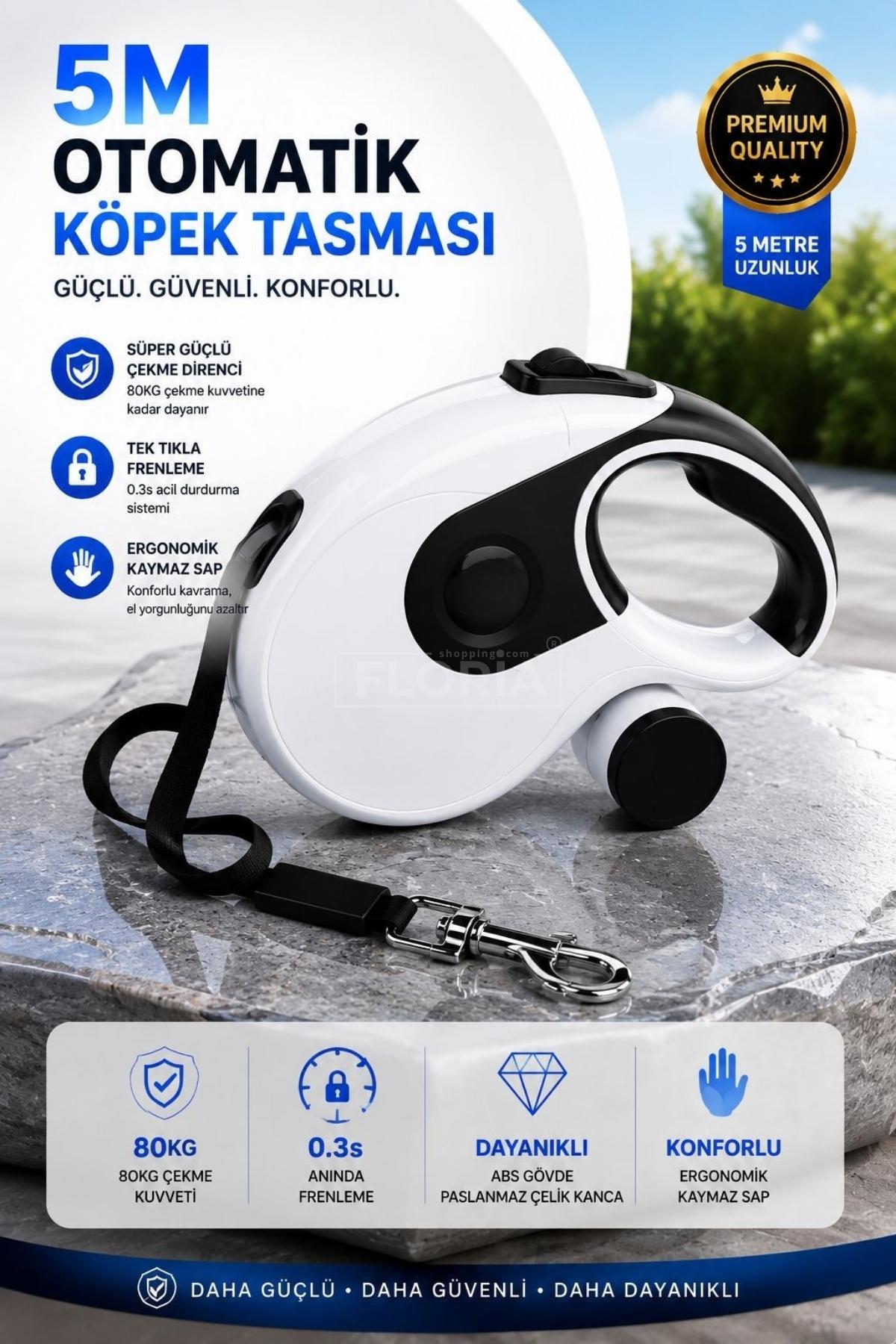 5 Metre Otomatik Köpek Tasması Güçlü Fren Sistemli Ergonomik Kaymaz Saplı Dayanıklı Gezdirme Tasması