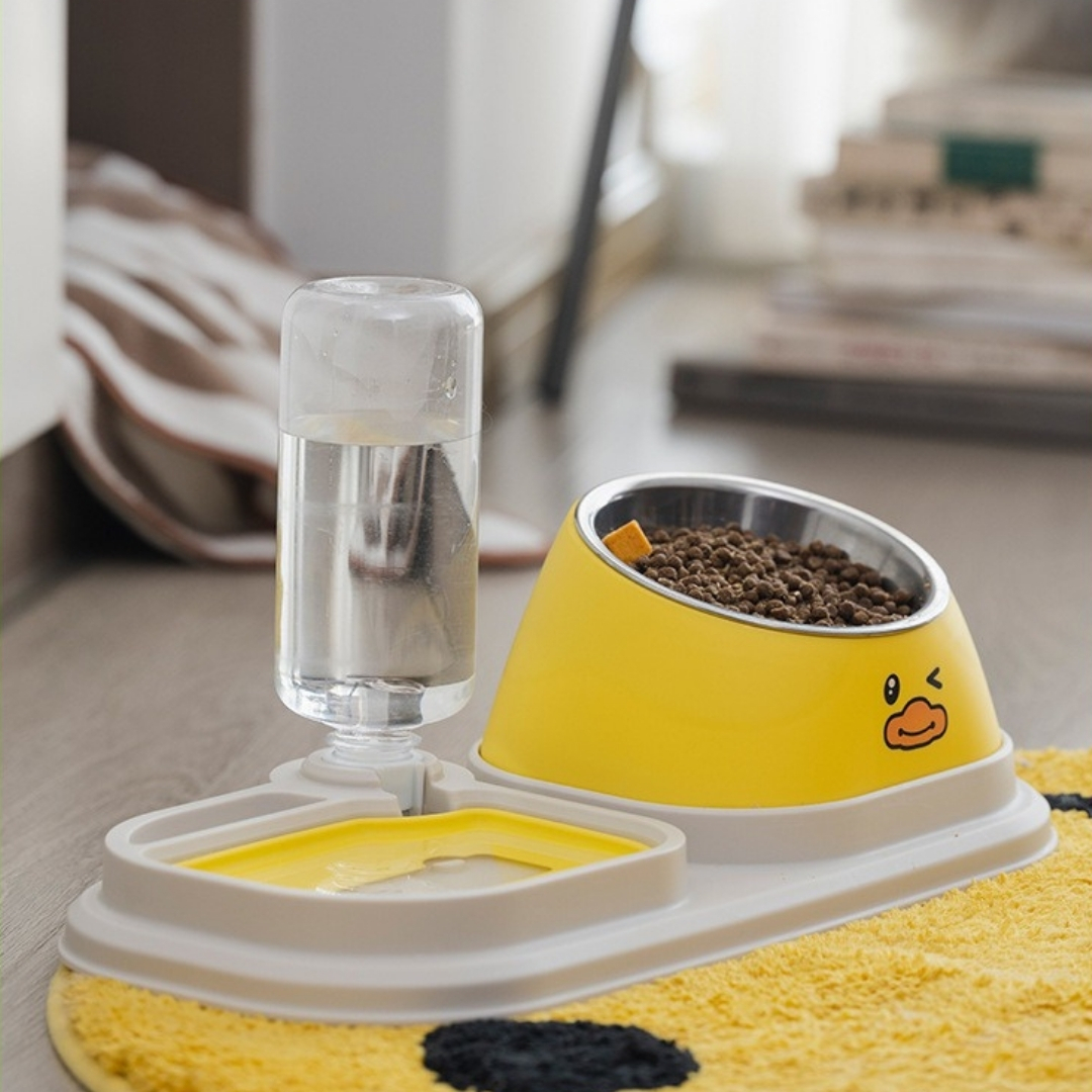 3’ü 1 Arada Kedi-Köpek Mama ve Su Kabı – Su Sebil + Yavaş Besleme + Çelik Kase