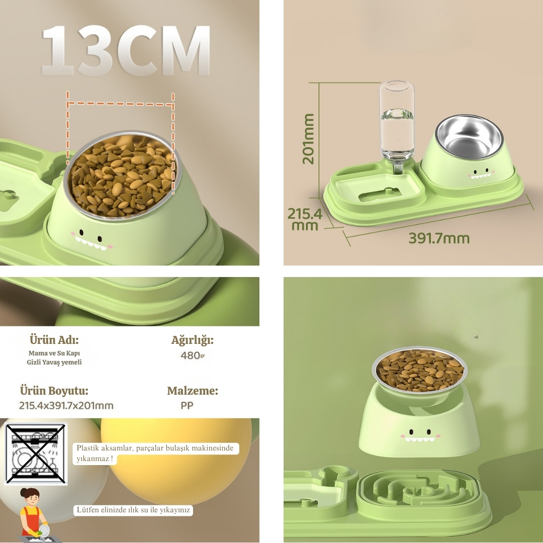 3’ü 1 Arada Kedi-Köpek Mama ve Su Kabı – Su Sebil + Yavaş Besleme + Çelik Kase küçük resim 5