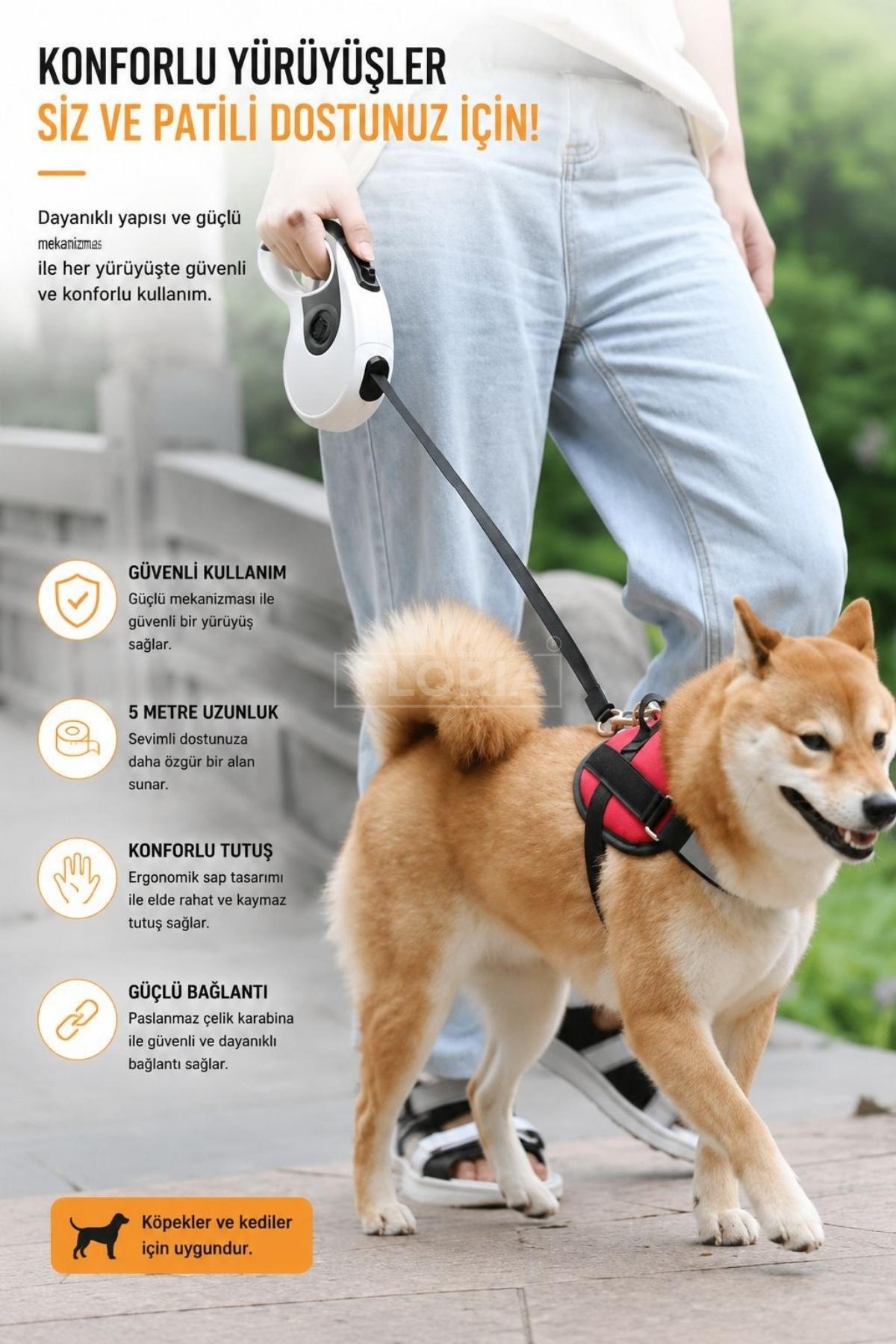 5 Metre Otomatik Köpek Tasması Güçlü Fren Sistemli Ergonomik Kaymaz Saplı Dayanıklı Gezdirme Tasması küçük resim 2
